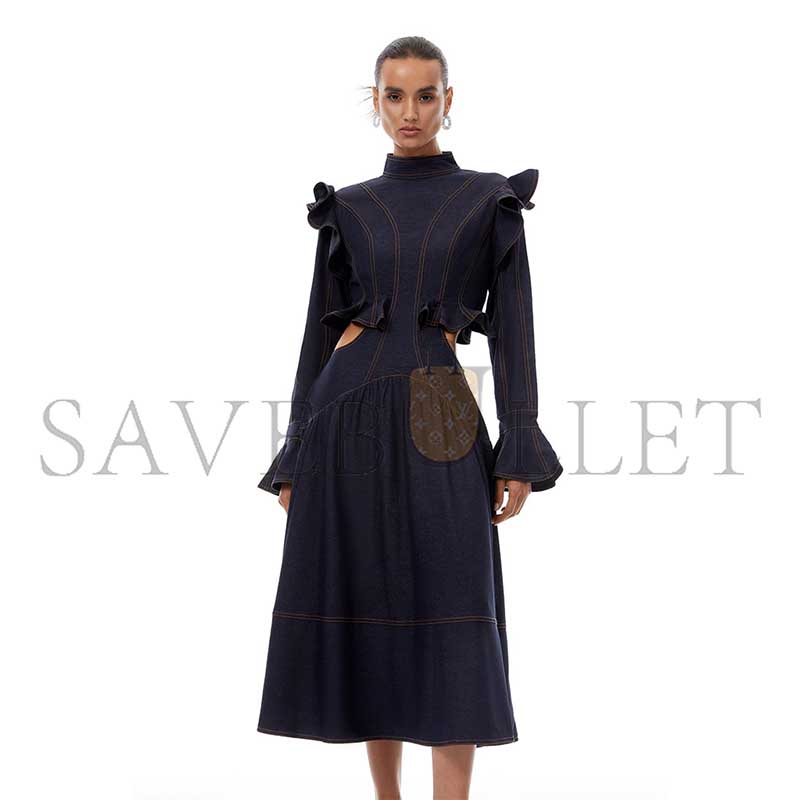 ZIMMERMANN WILHELMINE INDIGO BLUE RUFFLED DENIM MIDI DRESS 